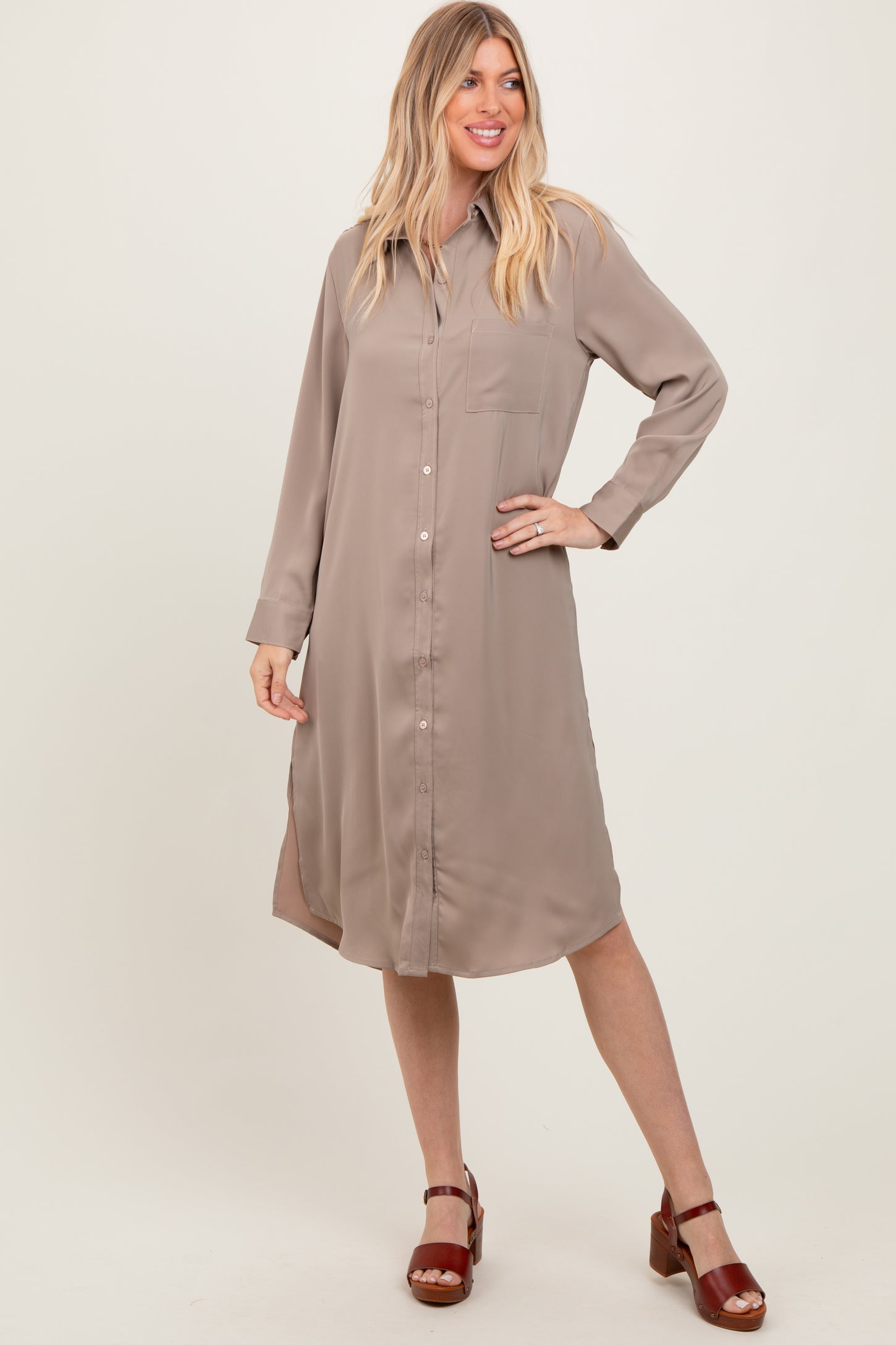 Light Taupe Long Sleeve Midi Shirt Dress