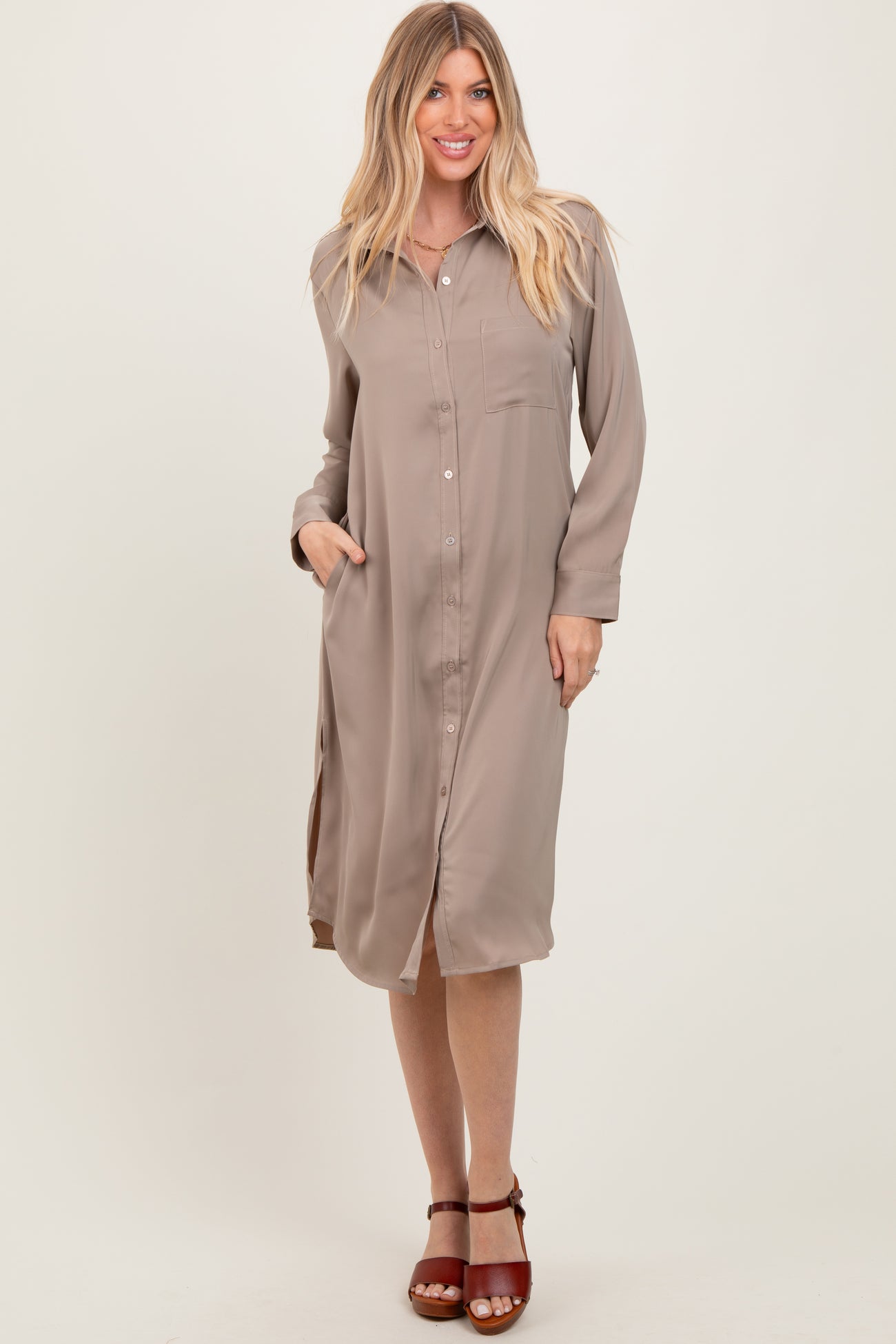 Light Taupe Long Sleeve Midi Shirt Dress