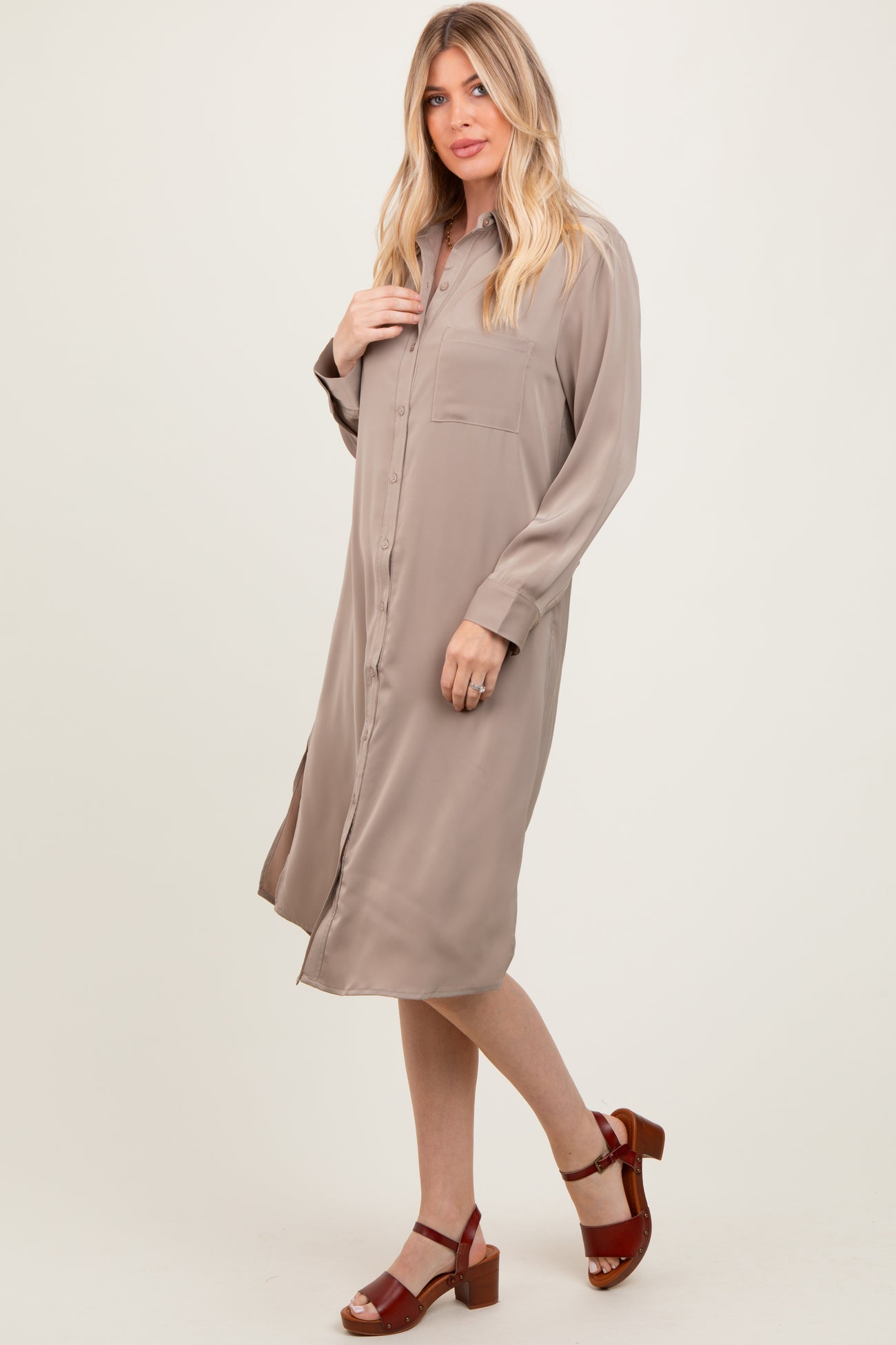 Light Taupe Long Sleeve Midi Shirt Dress