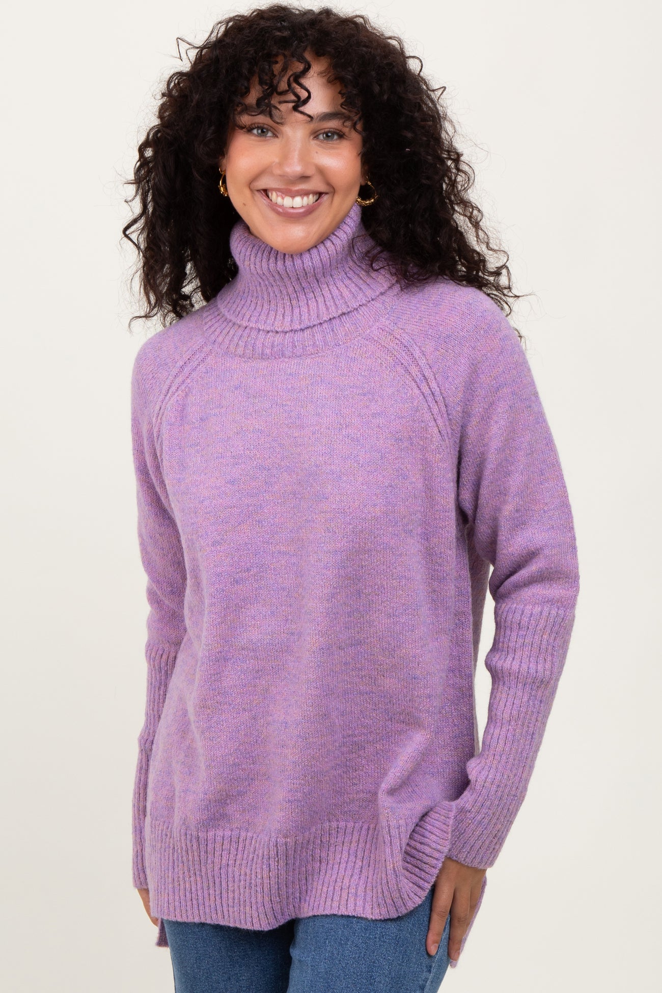 Lavender Contrast Rib Turtle Neck Maternity Sweater