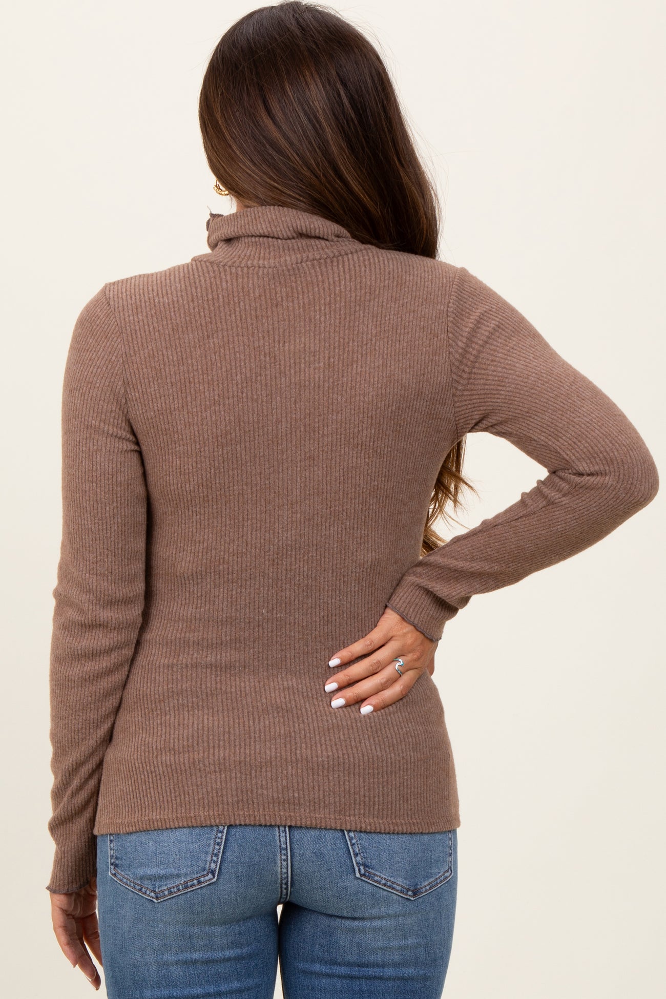 Mocha Ribbed Knit Ruffle Edge Turtleneck Maternity Top