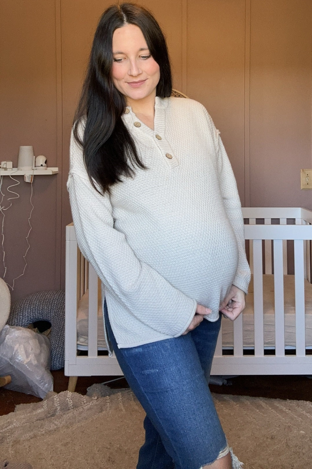 Beige Diamond Knit Button Detail Maternity Sweater