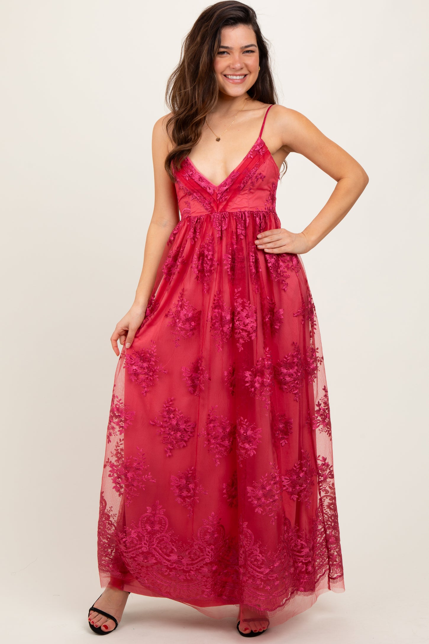 Red Floral Lace Overlay Maxi Dress