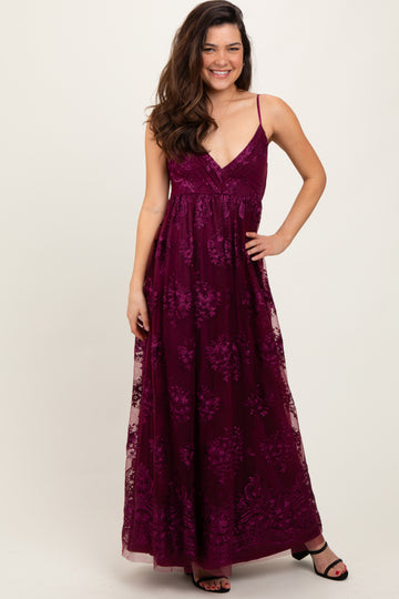 Plum Floral Lace Overlay Maxi Dress