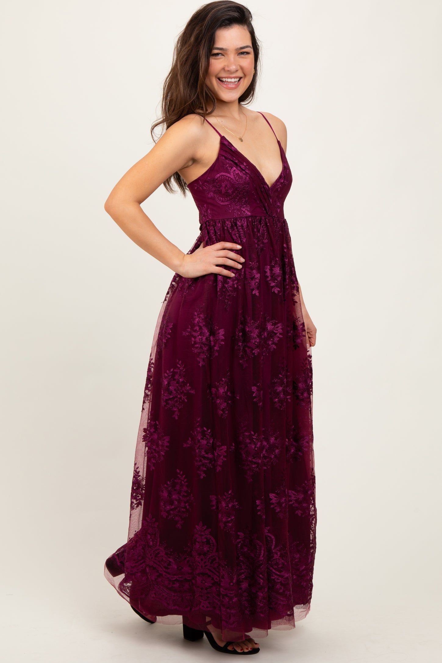 Plum Floral Lace Overlay Maxi Dress