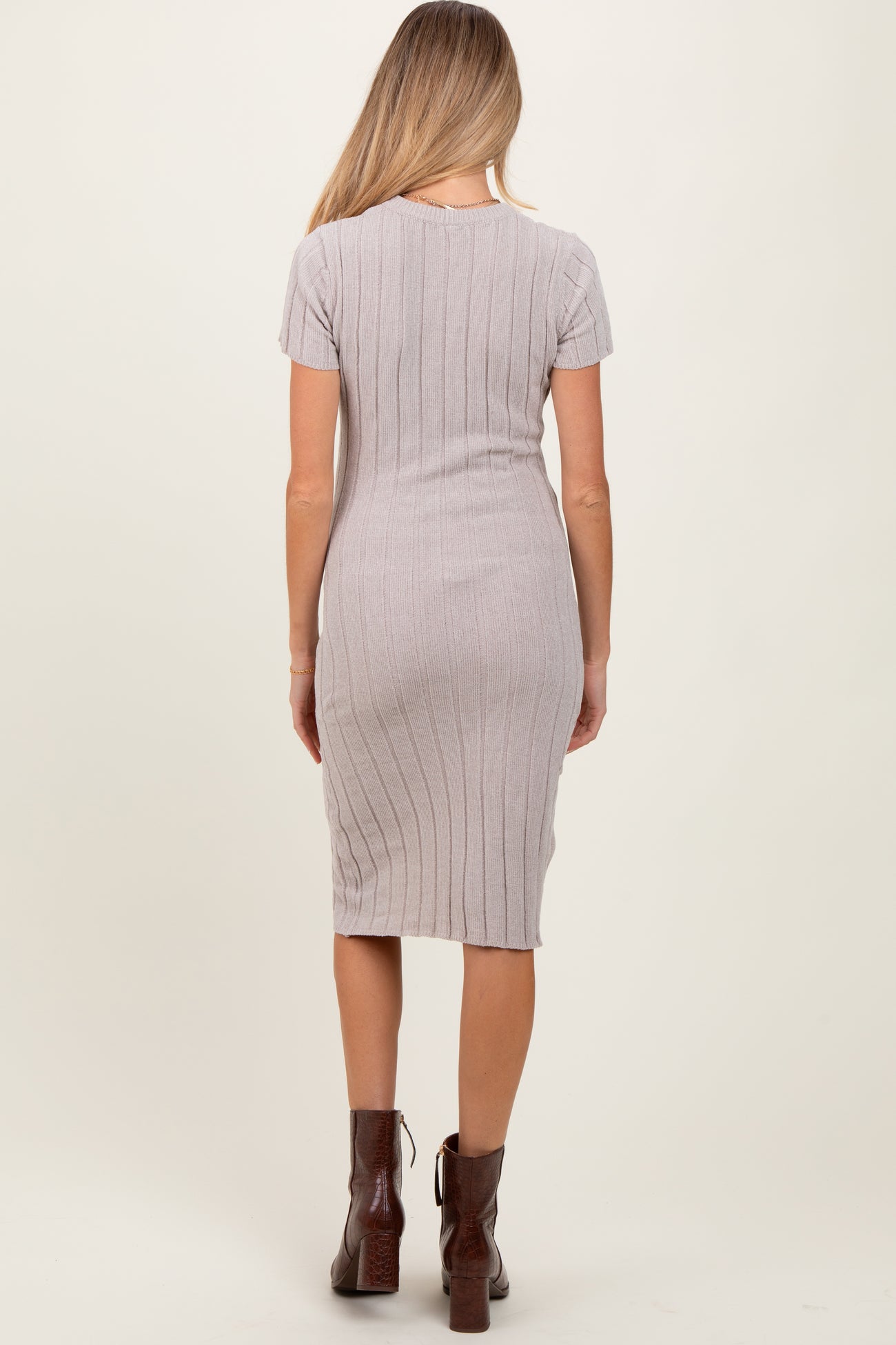 Beige Chenille Knit Short Sleeve Maternity Sweater Dress