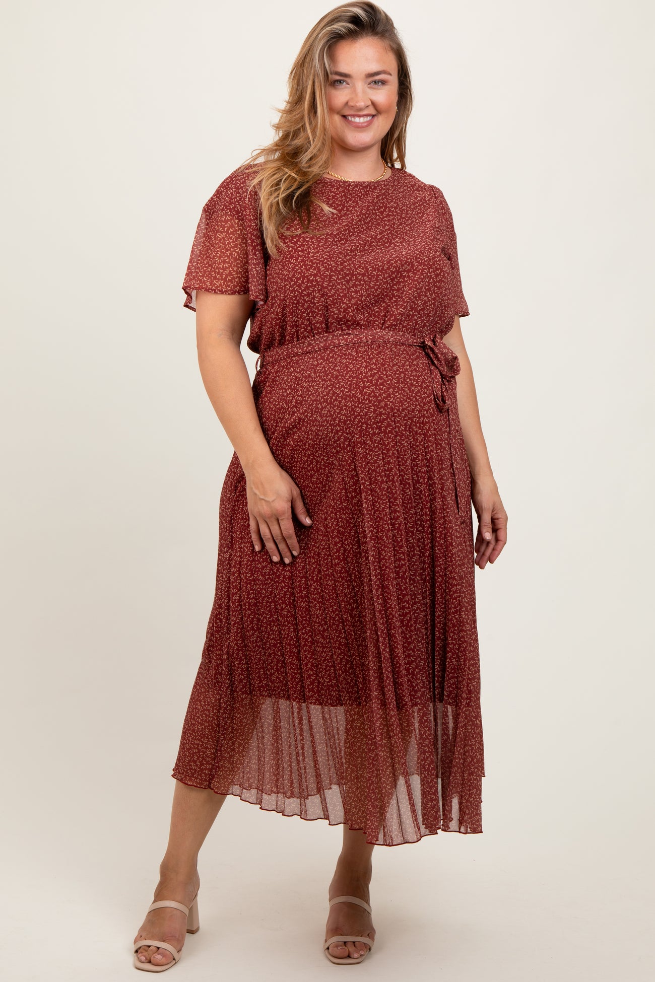 Rust Printed Sash Tie Pleated Maternity Plus Midi Dress