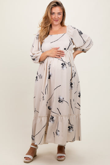 Cream Floral Square Neck Maternity Plus Midi Dress
