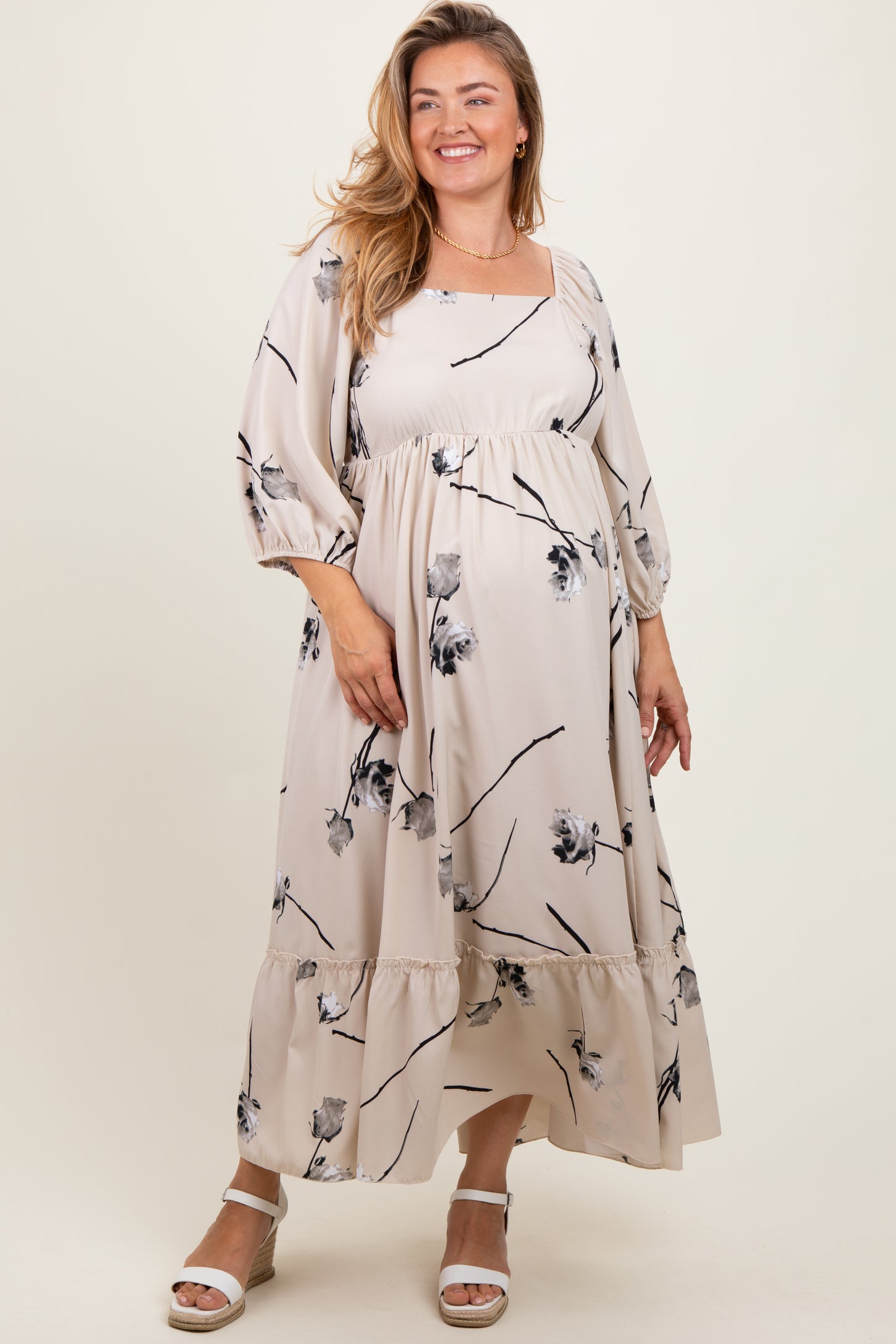 Cream Floral Square Neck Maternity Plus Midi Dress