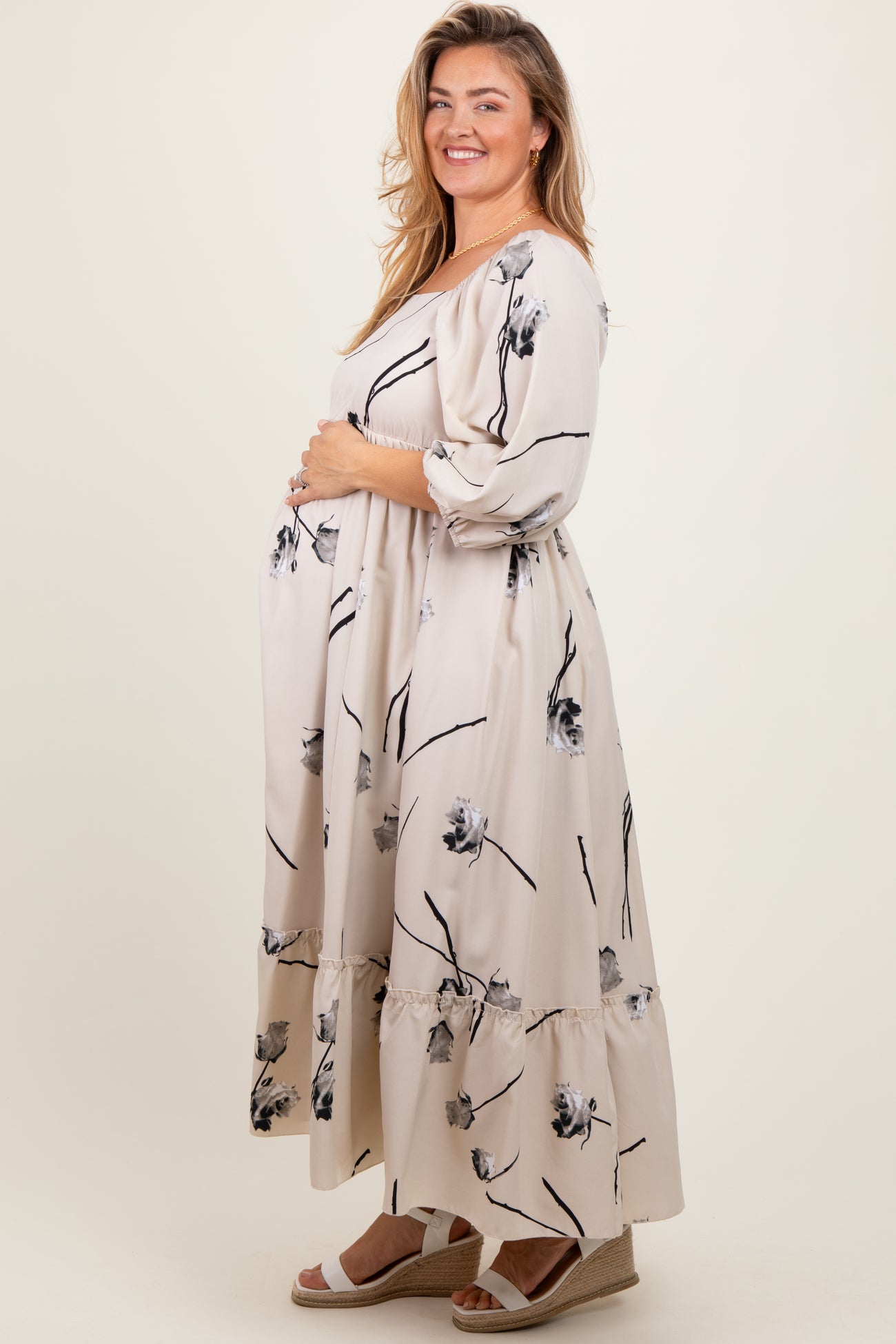 Cream Floral Square Neck Maternity Plus Midi Dress