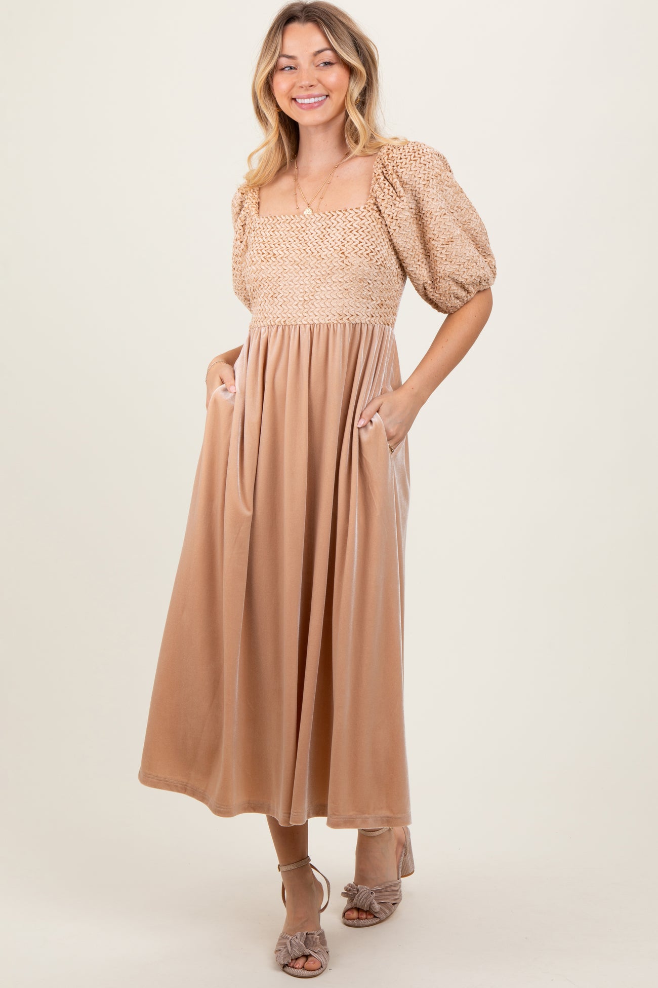 Tan Velvet Contrast Square Neck Midi Dress