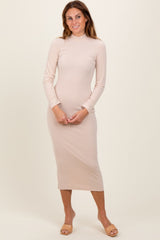 Cream Basic Mock Long Sleeve Maternity Maxi Dress