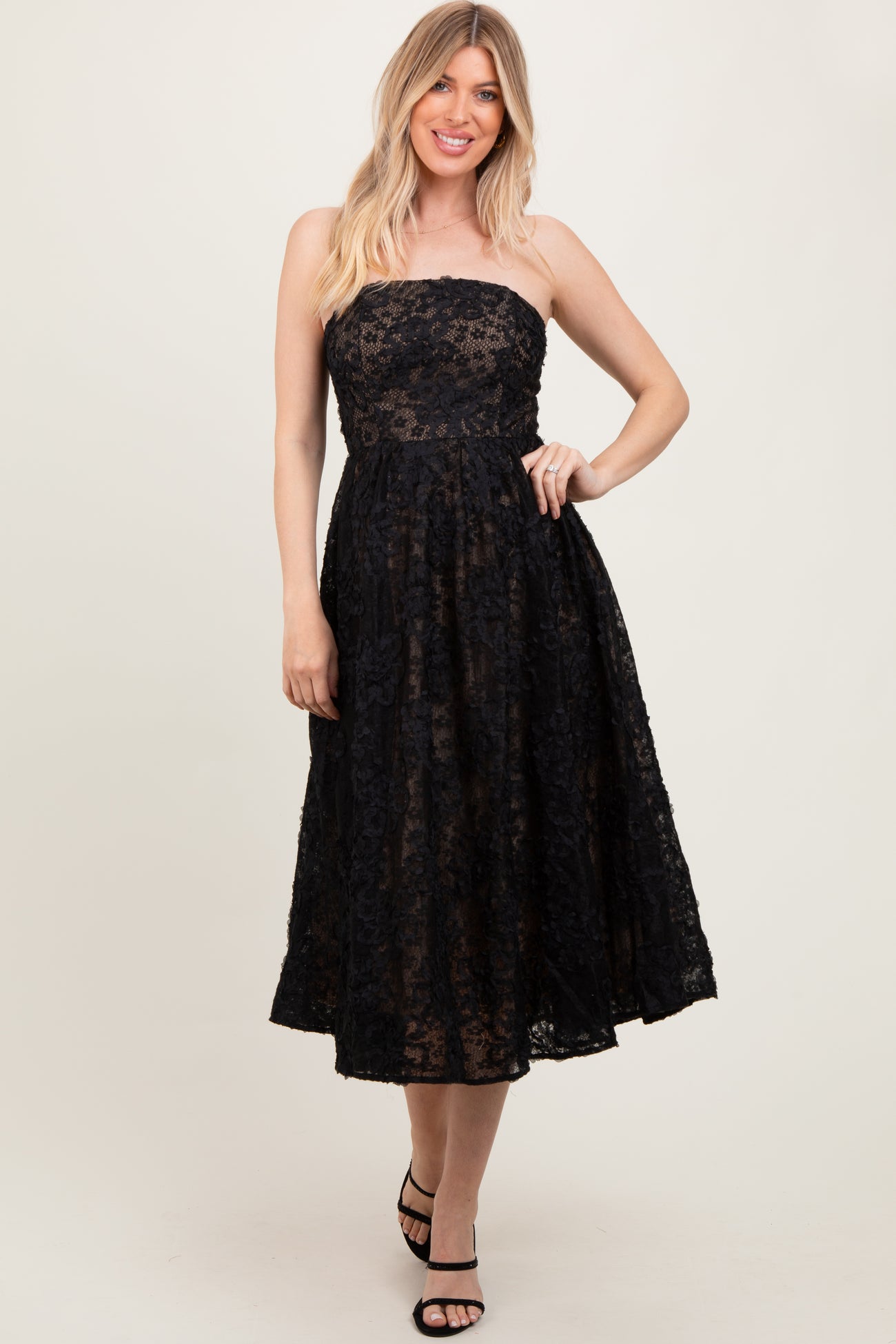 Black Floral Lace Embroidered Overlay Strapless Midi Dress