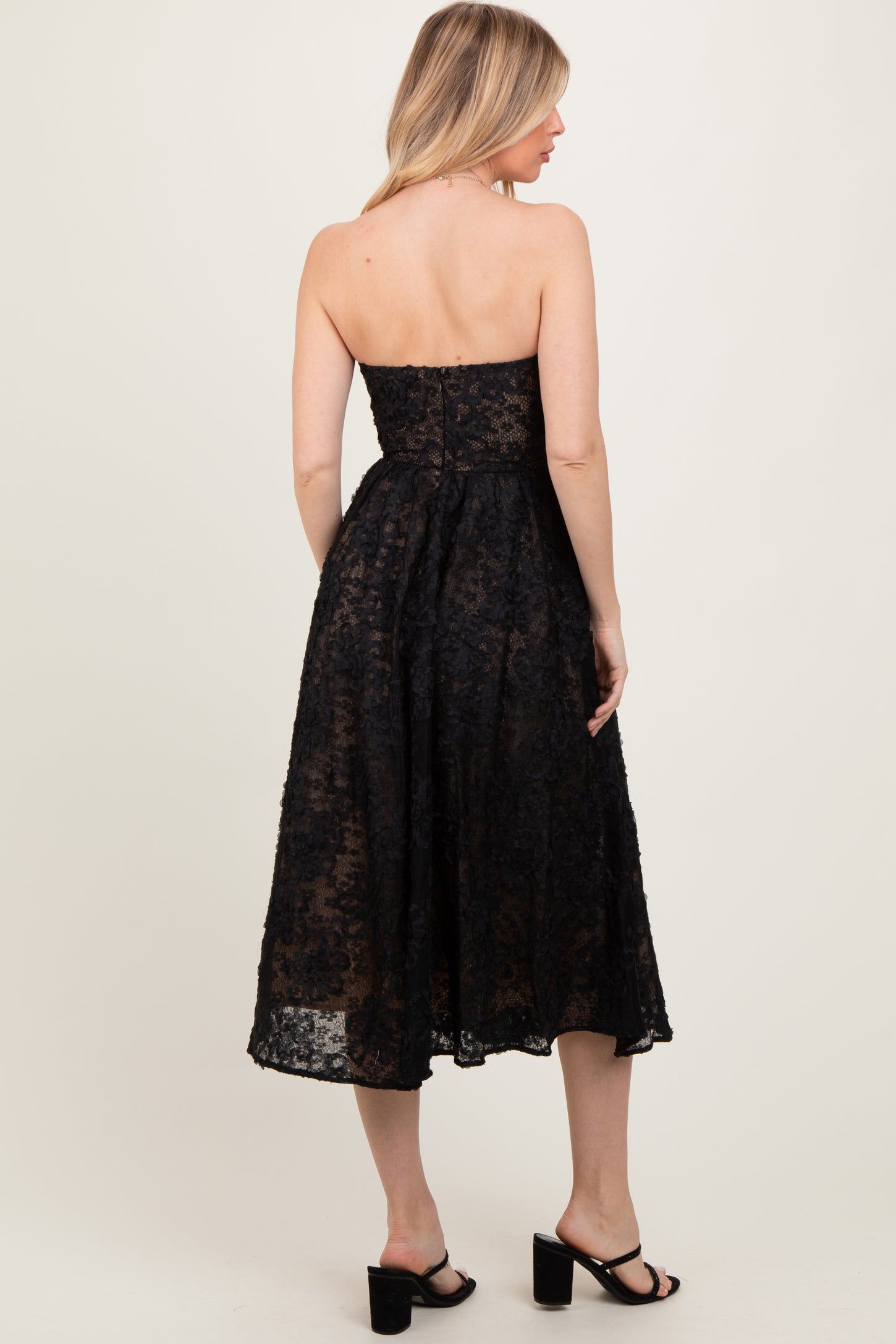 Black Floral Lace Embroidered Overlay Strapless Midi Dress