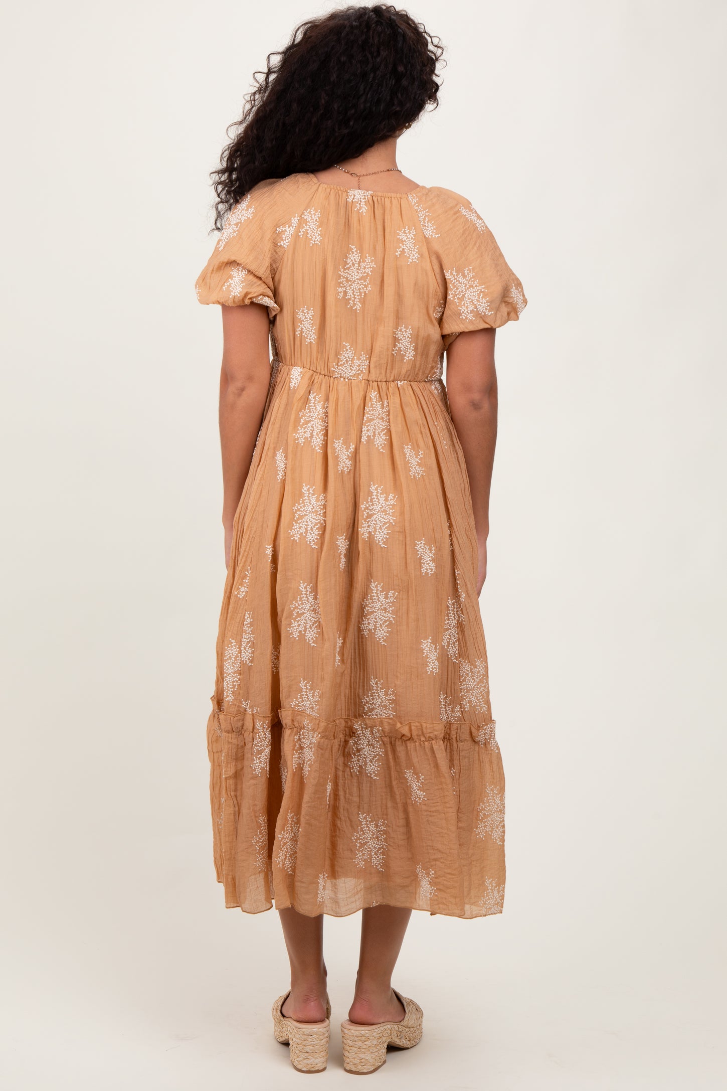 Camel Floral Print Ruffle Hem Midi Dress