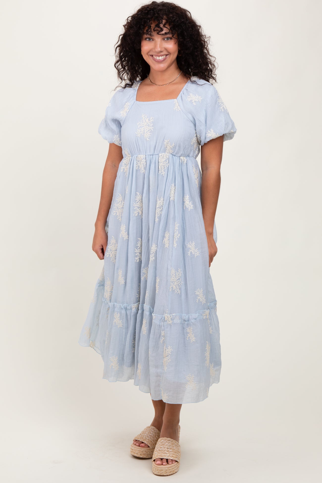 Light Blue Floral Print Ruffle Hem Midi Dress