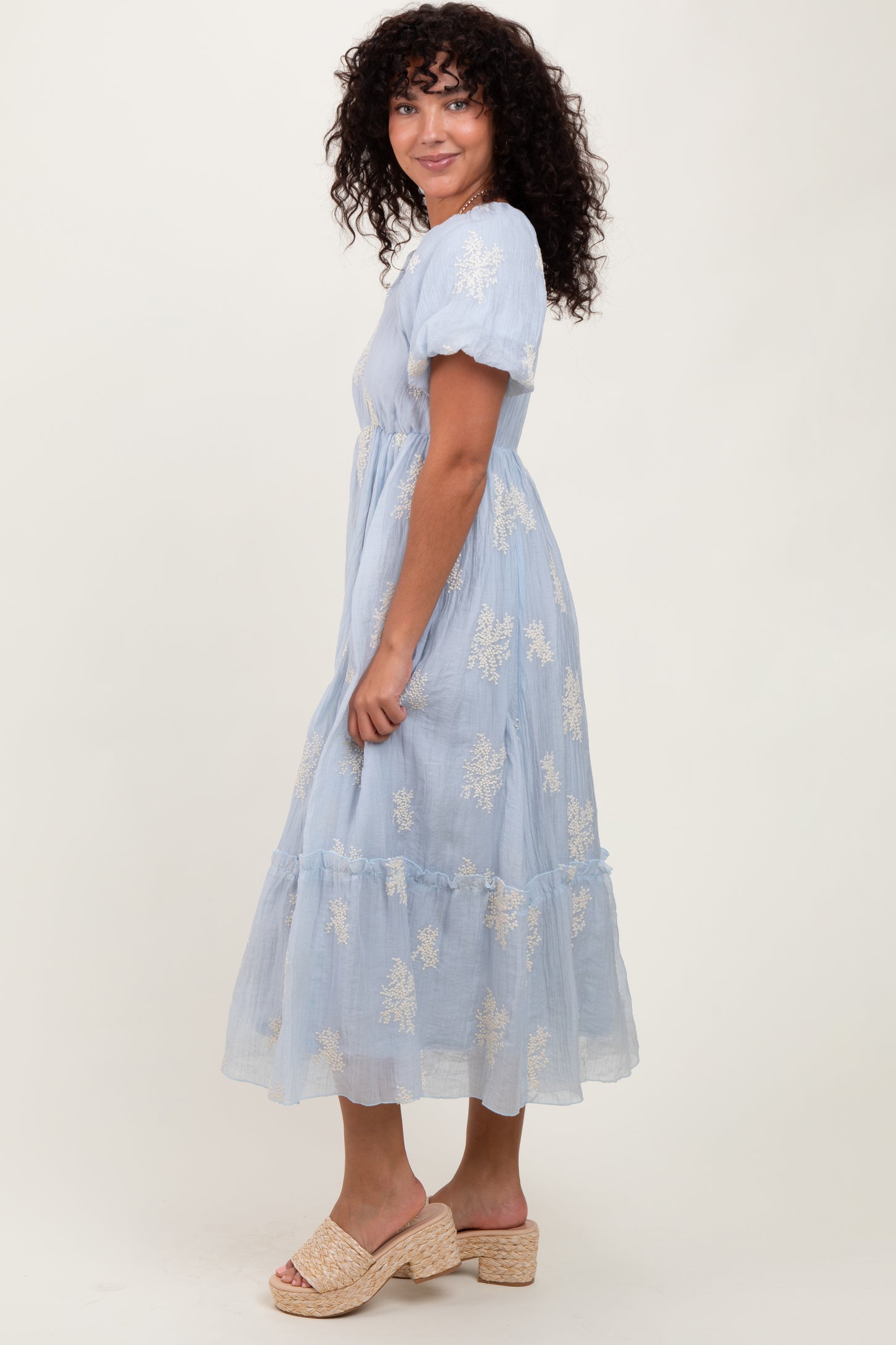 Light Blue Floral Print Ruffle Hem Midi Dress