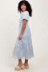 Light Blue Floral Print Ruffle Hem Midi Dress