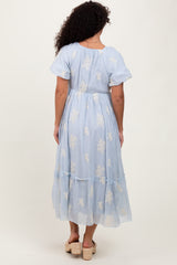 Light Blue Floral Print Ruffle Hem Midi Dress