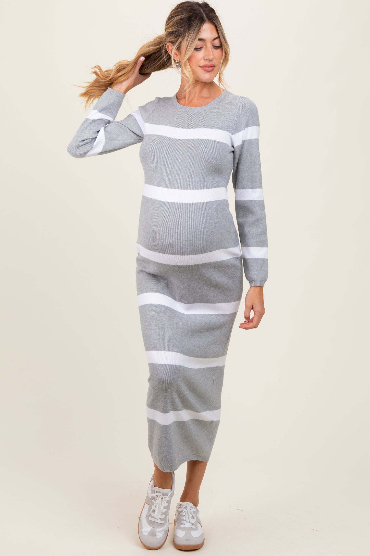 Heather Grey Striped Knit Long Sleeve Maternity Midi Sweater Dress