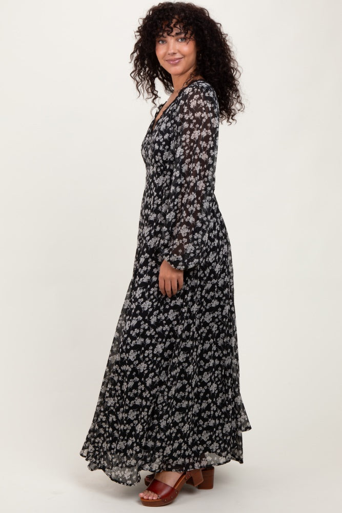 Black Floral Chiffon Lace Trim Back Tie Maxi Dress