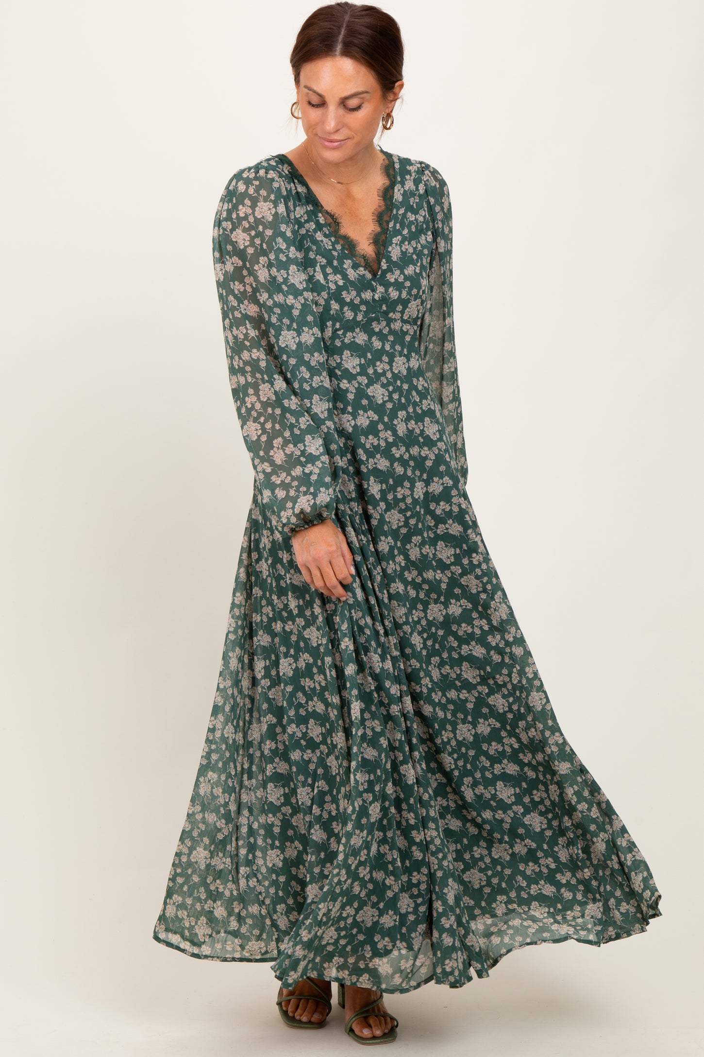 Green Floral Chiffon Lace Trim Back Tie Maxi Dress