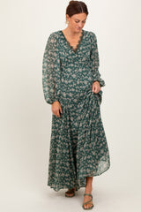 Green Floral Chiffon Lace Trim Back Tie Maxi Dress