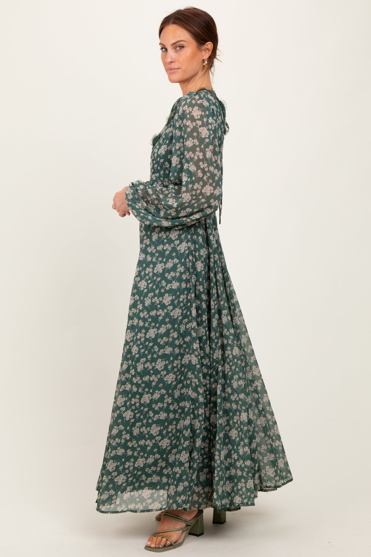 Green Floral Chiffon Lace Trim Back Tie Maxi Dress