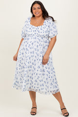 Blue Smocked Cinched Bodice Plus Midi Dress