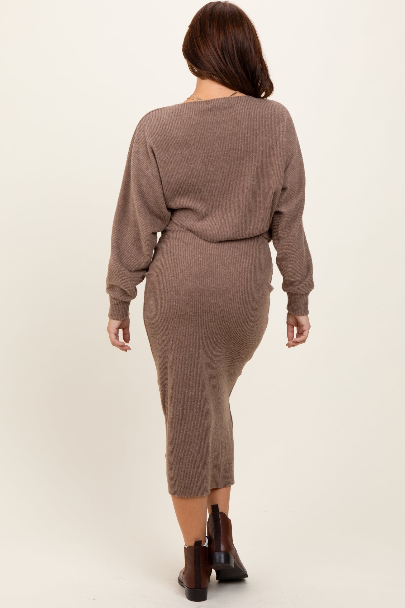Mocha Ribbed Knit Asymmetric Top Midi Skirt Set
