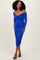 woman wearing a bright blue off-the-shoulder midi dress with ruching detail and long sleeves