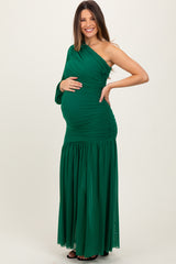 Forest Green Ruched Mesh One Shoulder Asymmetric Maternity Maxi Dress