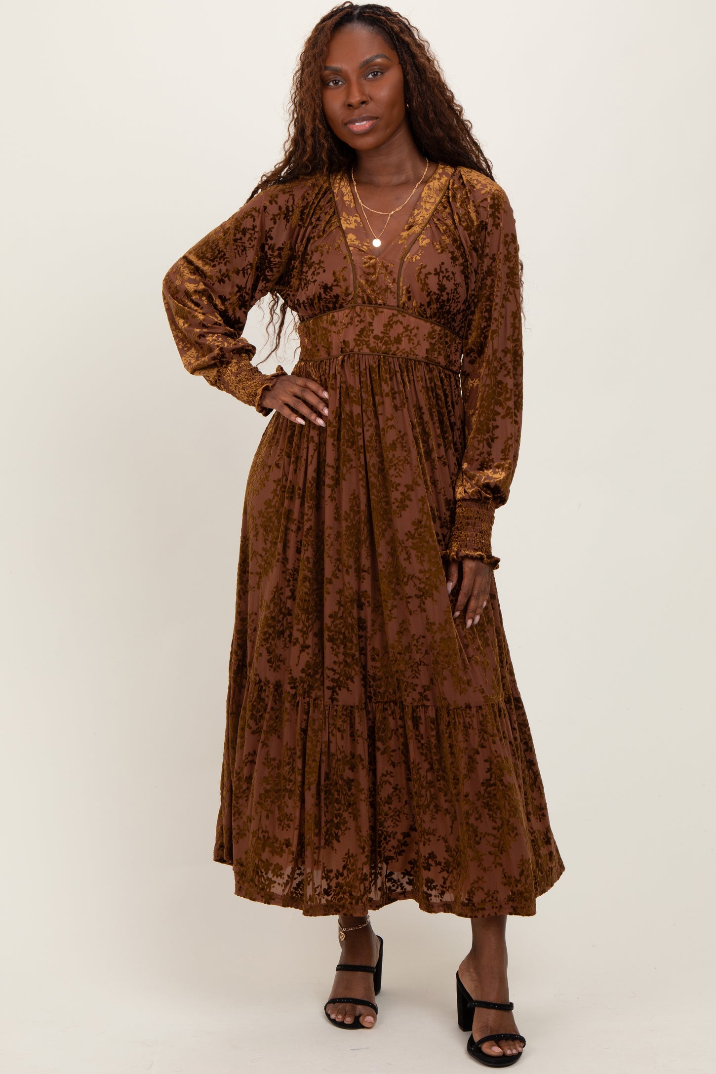 Mocha Floral Velvet Overlay Maternity Maxi Dress