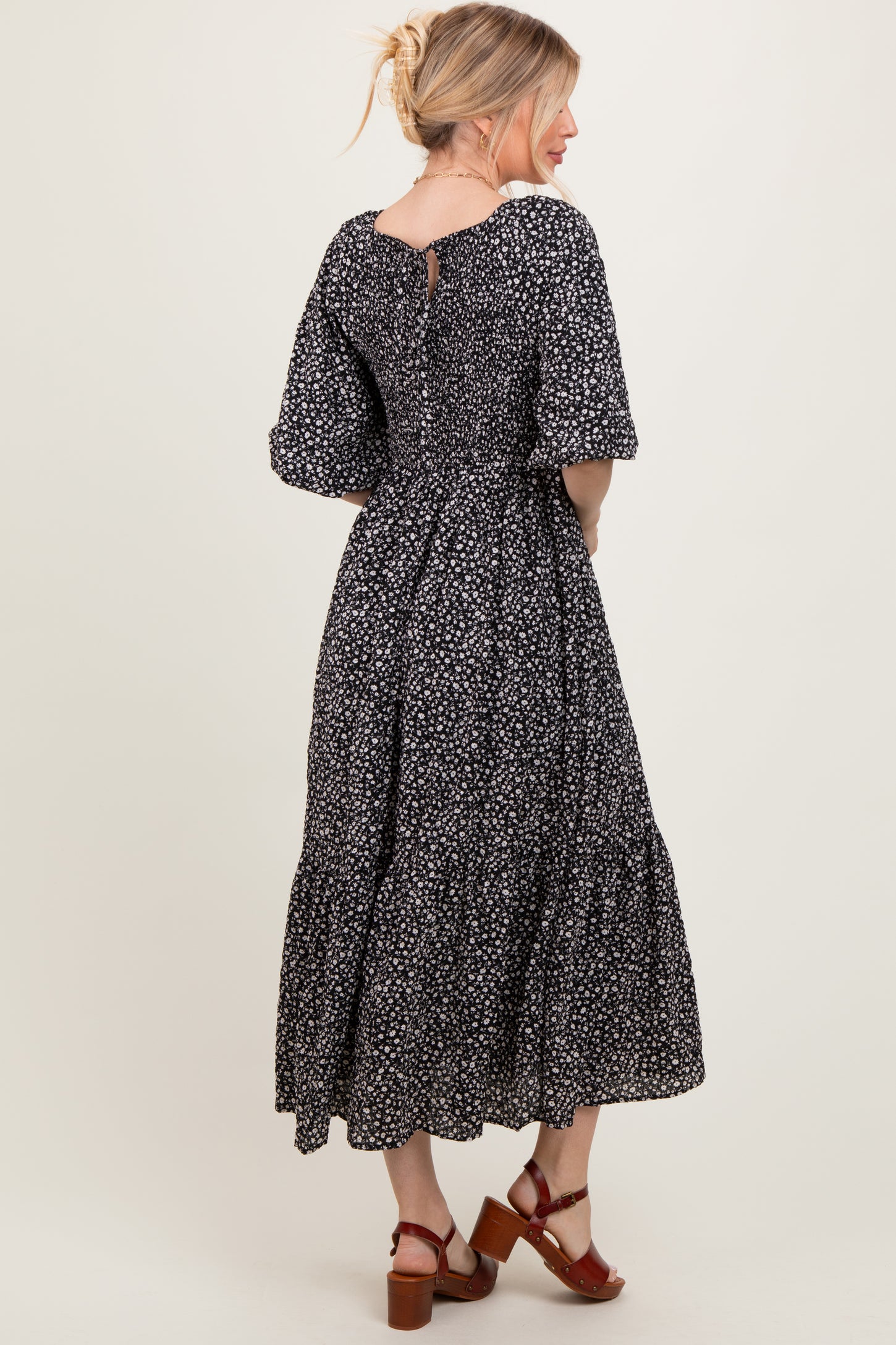 Black Floral Puffed Short Sleeve Maxi Dress