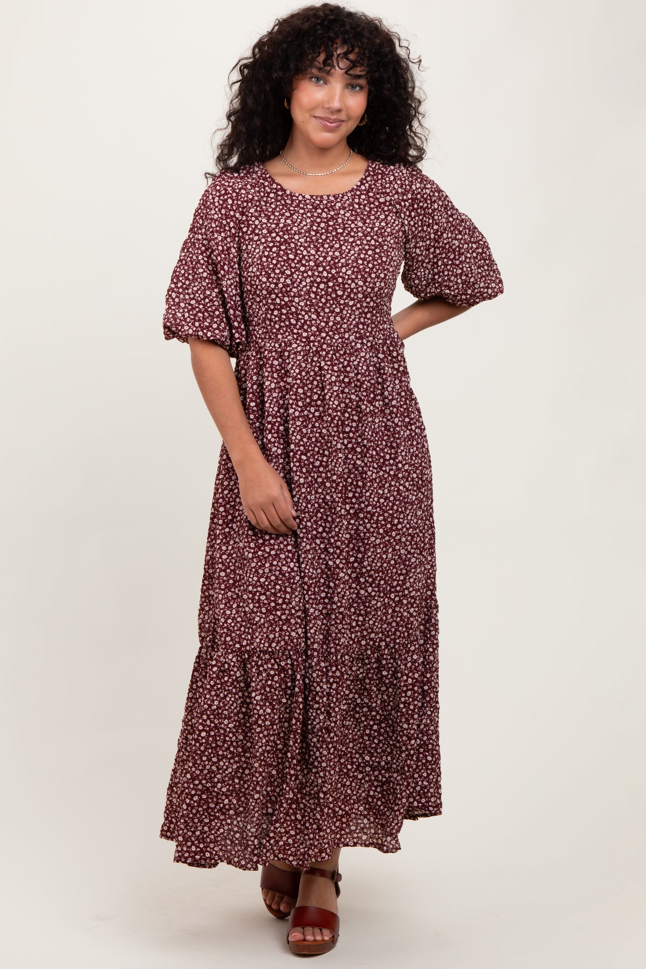 Burgundy Floral Puffed Short Sleeve Maternity Maxi Dress