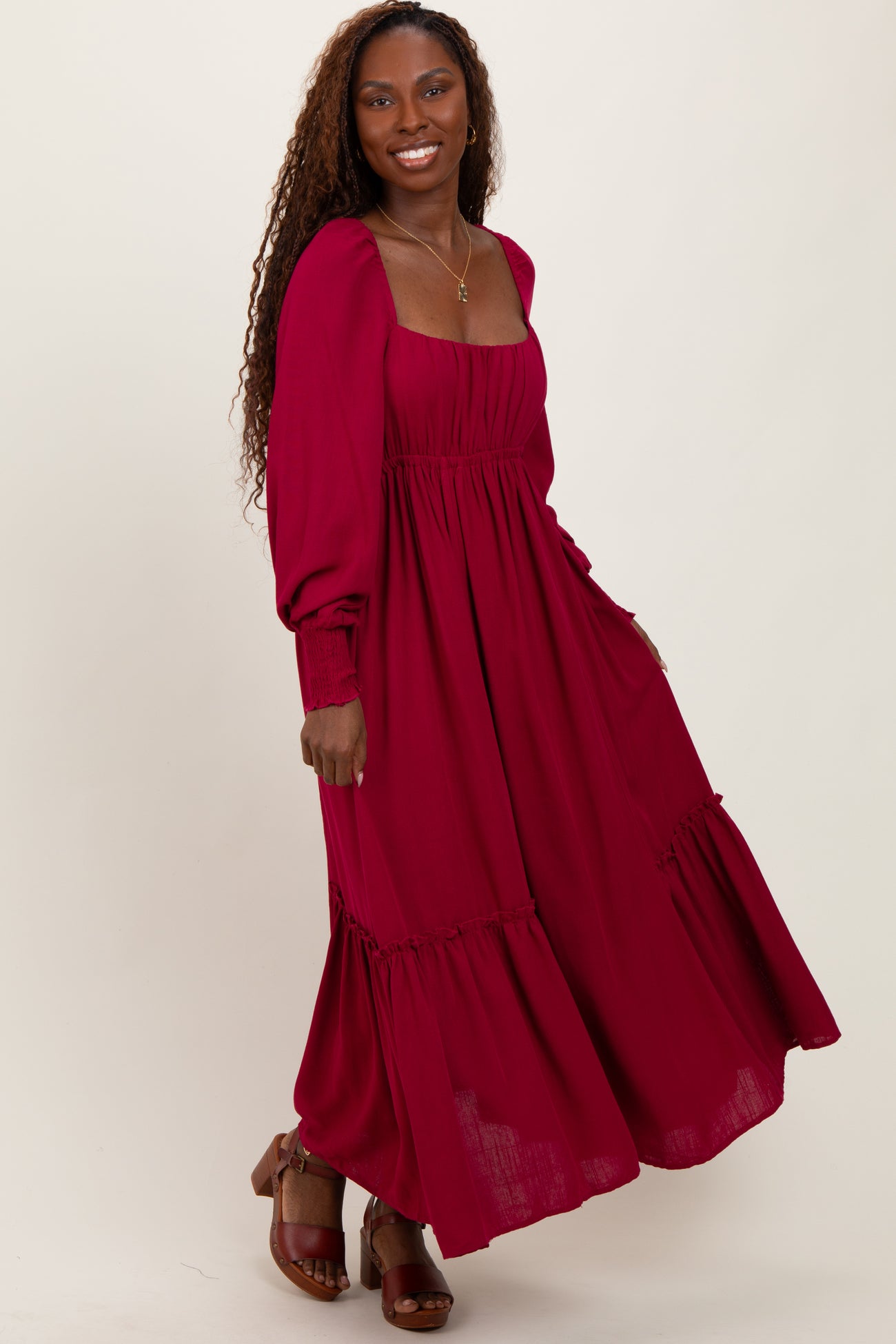 Burgundy Square Neckline Bubble Sleeve Maxi Dress