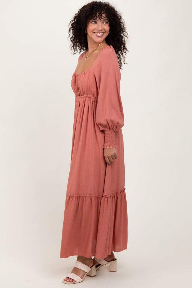 Mauve Square Neckline Bubble Sleeve Maxi Dress