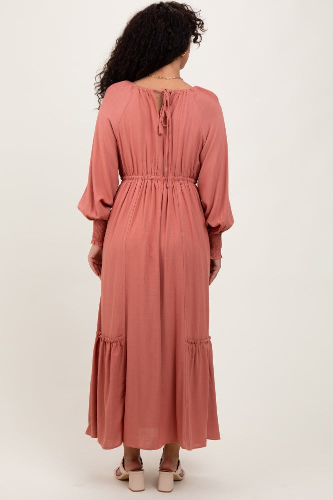 Mauve Square Neckline Bubble Sleeve Maxi Dress
