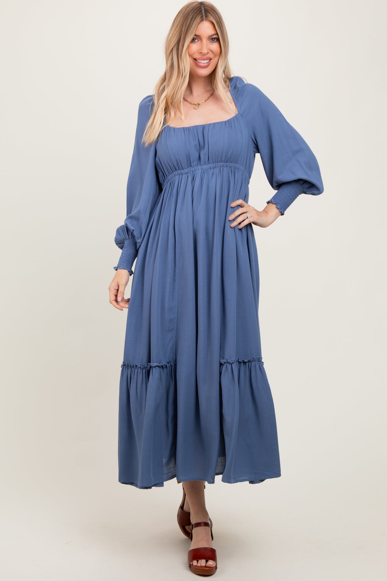 Blue Square Neckline Bubble Sleeve Maxi Dress