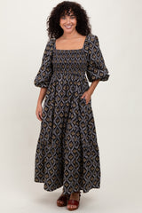 Black Damask Print Smocked Maternity Maxi Dress