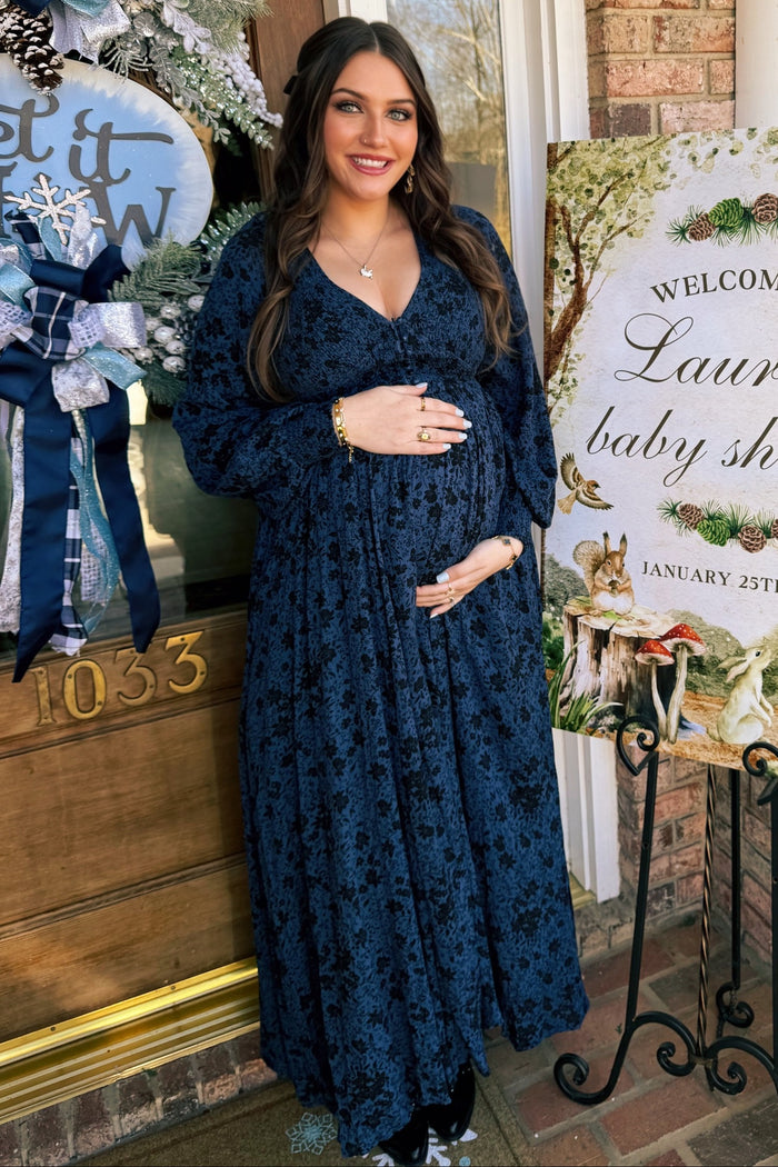 Navy Floral Smocked Button Detail Maternity Maxi Dress
