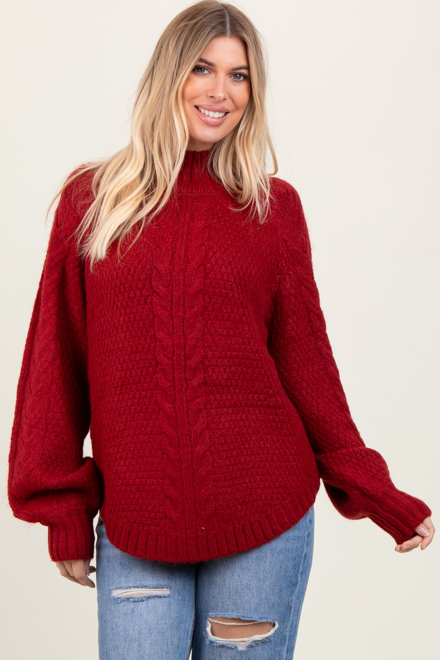 Burgundy Mixed Chunky Cable Knit Mock Neck Sweater