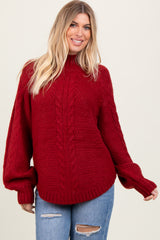 Burgundy Mixed Chunky Cable Knit Mock Neck Sweater