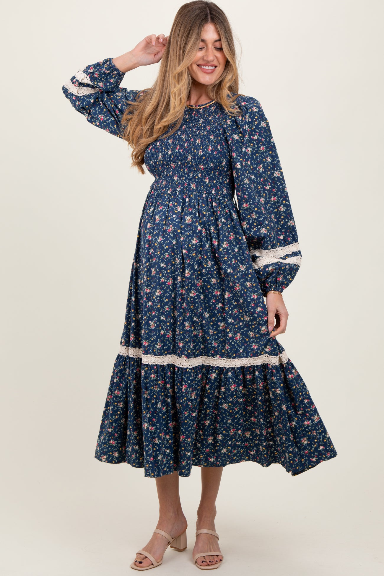 Blue Smocked Floral Crochet Lace Trim Maternity Maxi Dress