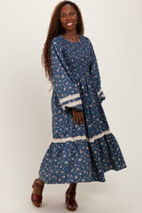 Blue Smocked Floral Crochet Lace Trim Maternity Maxi Dress