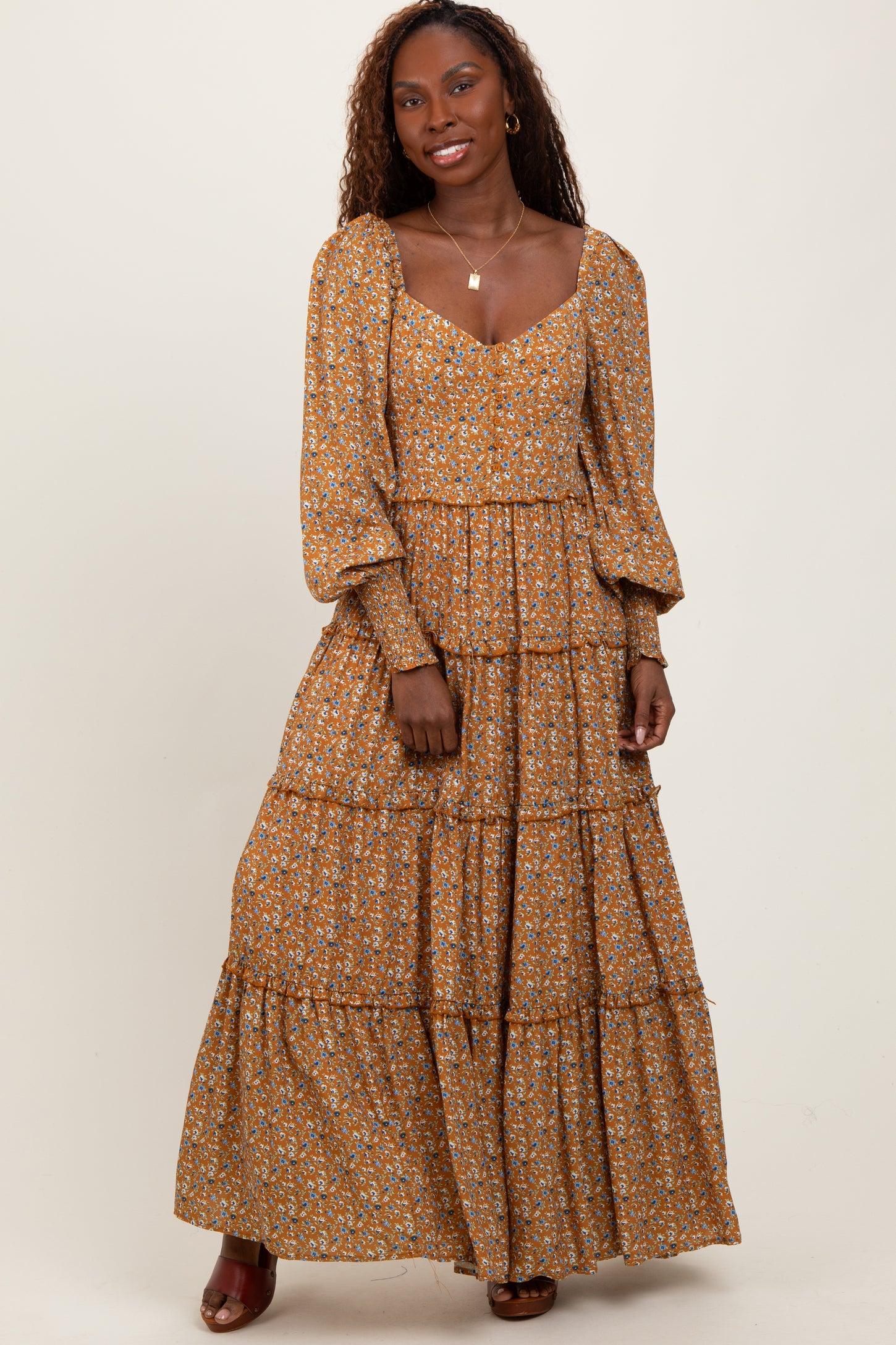 Camel Floral Button Accent Bodice Tiered Maxi Dress