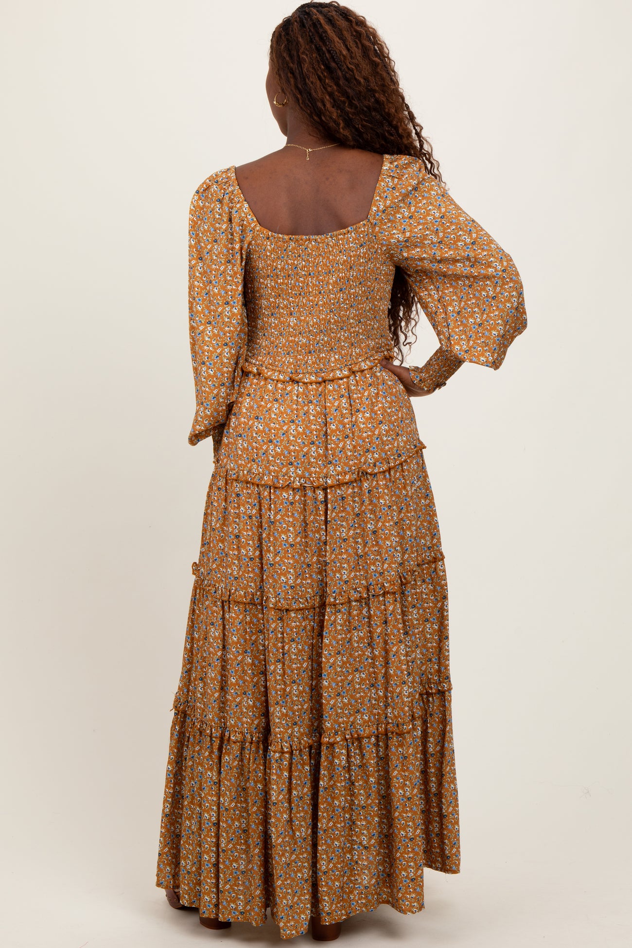 Camel Floral Button Accent Bodice Tiered Maxi Dress