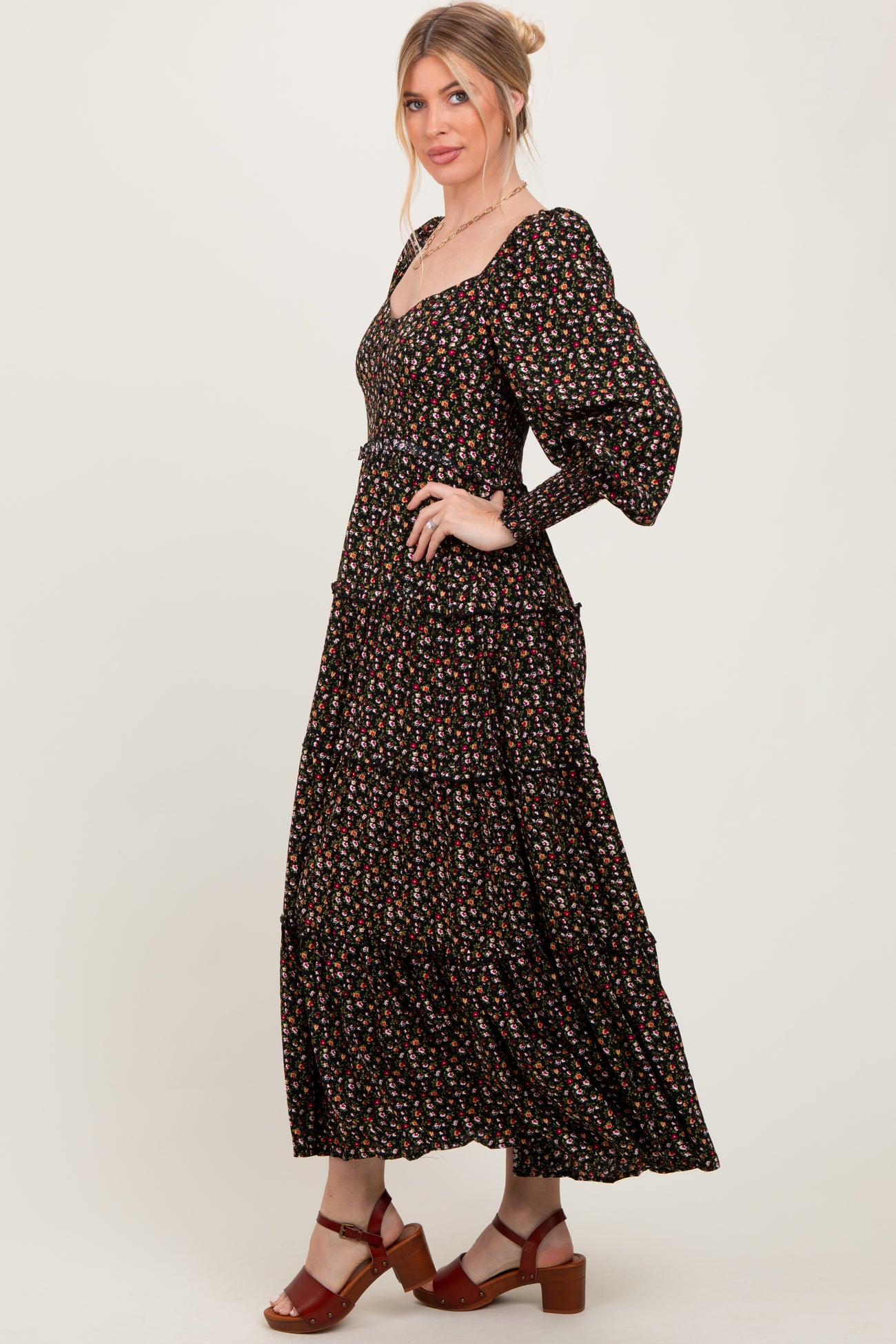 Black Floral Button Accent Bodice Tiered Maternity Maxi Dress