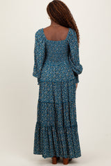 Teal Floral Button Accent Bodice Tiered Maxi Dress