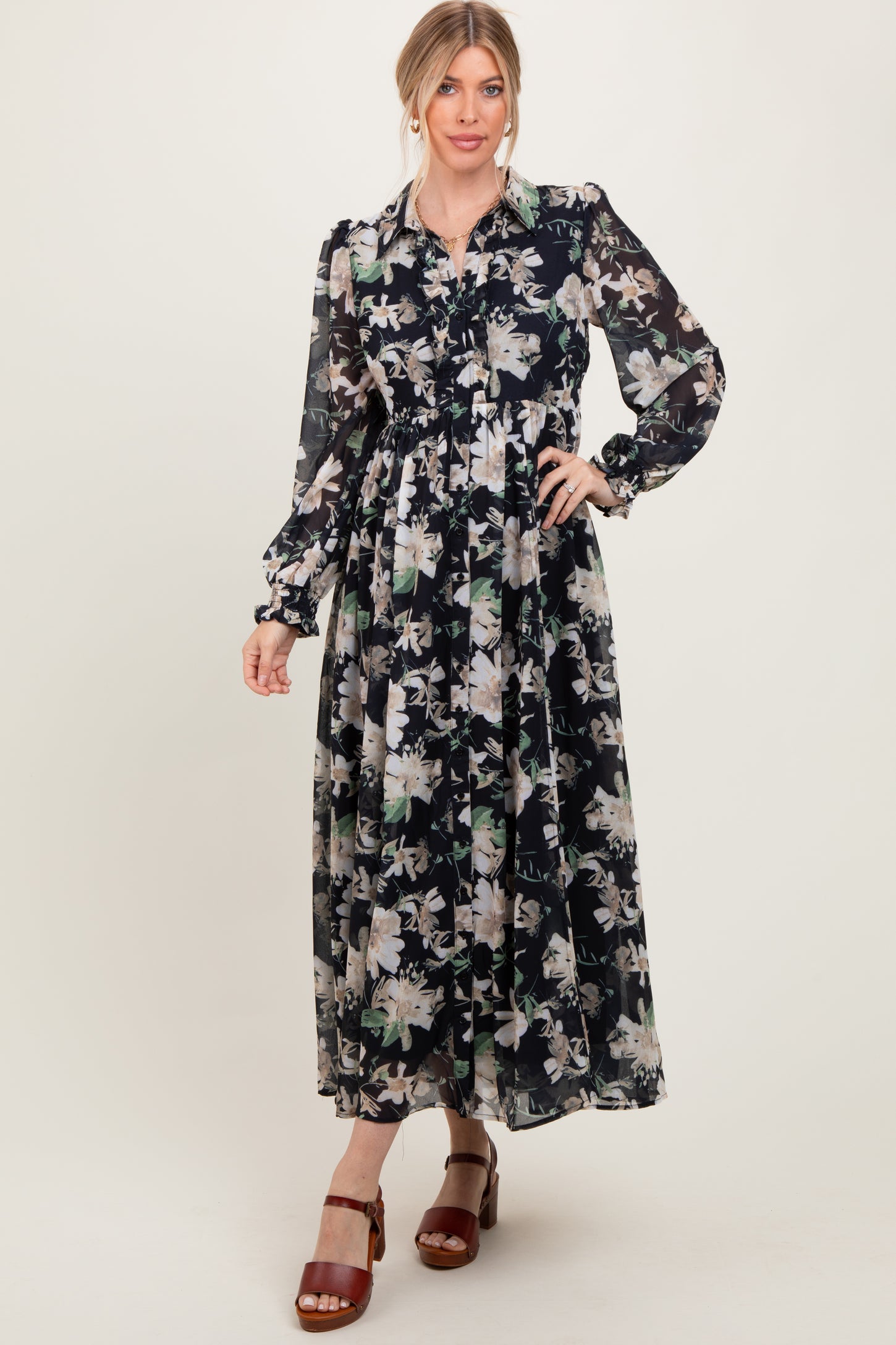 Black Floral Chiffon Ruffle Accent Button Down Maxi Dress